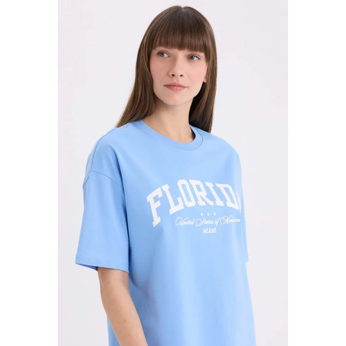 Defacto E5056 Mavi Oversize Geniş Kalıp Bisiklet Yaka Baskılı Kısa Kollu Tişört