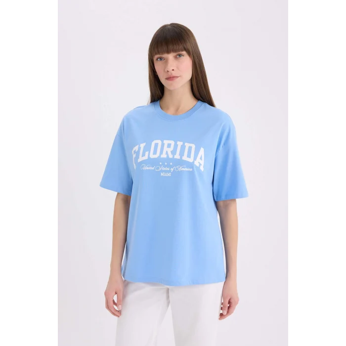 Defacto E5056 Mavi Oversize Geniş Kalıp Bisiklet Yaka Baskılı Kısa Kollu Tişört