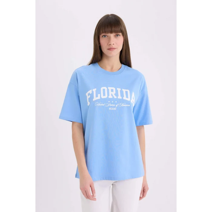 Defacto E5056 Mavi Oversize Geniş Kalıp Bisiklet Yaka Baskılı Kısa Kollu Tişört