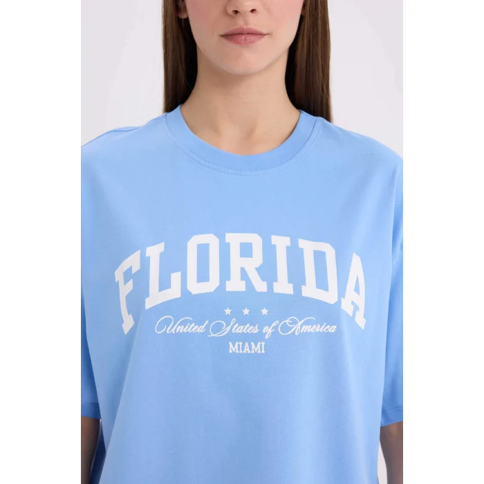 Defacto E5056 Mavi Oversize Geniş Kalıp Bisiklet Yaka Baskılı Kısa Kollu Tişört