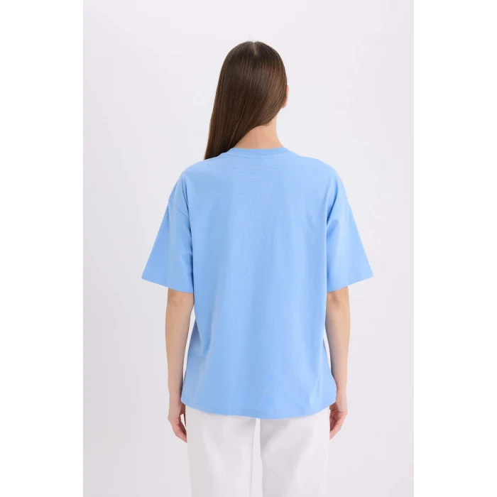 Defacto E5056 Mavi Oversize Geniş Kalıp Bisiklet Yaka Baskılı Kısa Kollu Tişört