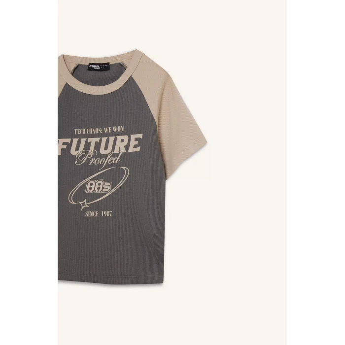 Defacto E0647 Gri Coool Fitted Bisiklet Yaka Baskılı Fitilli Kaşkorse Kısa Kollu Tişört