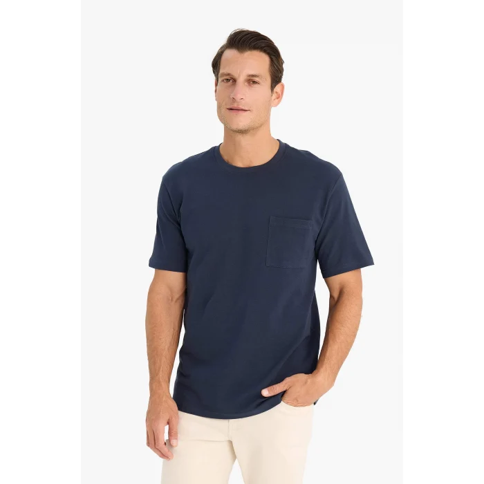 Defacto D7931 Lacivert New Regular Fit Bisiklet Yaka Kısa Kollu Pamuklu Basic Düz Pike Tişört