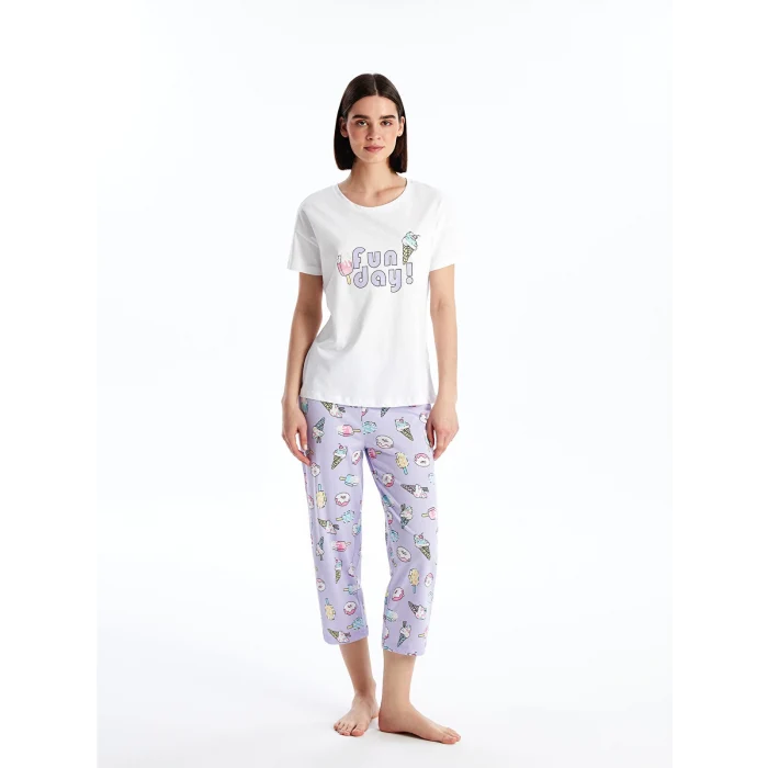 LCW Young Lila Bisiklet Yaka Baskılı Kısa Kollu Kadın Pijama Takımı
