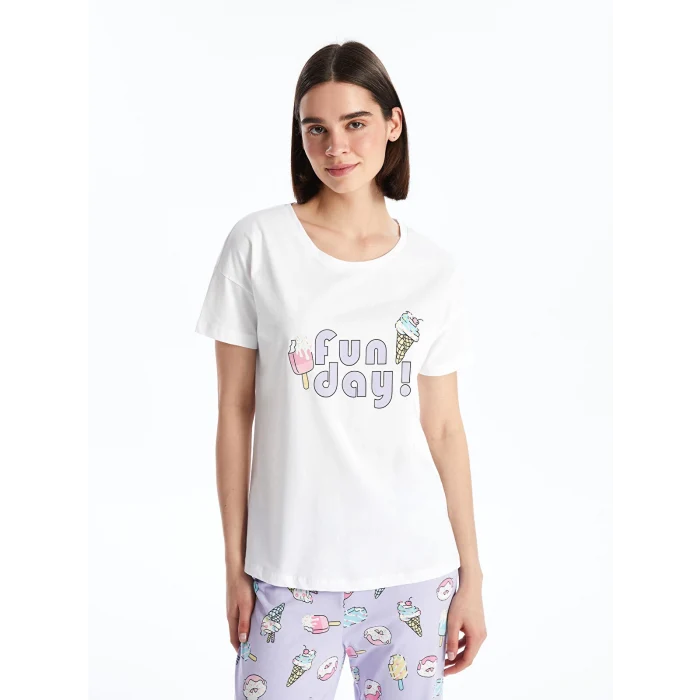 LCW Young Lila Bisiklet Yaka Baskılı Kısa Kollu Kadın Pijama Takımı