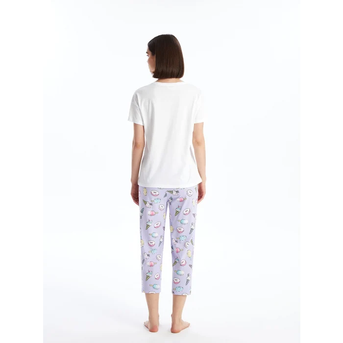 LCW Young Lila Bisiklet Yaka Baskılı Kısa Kollu Kadın Pijama Takımı