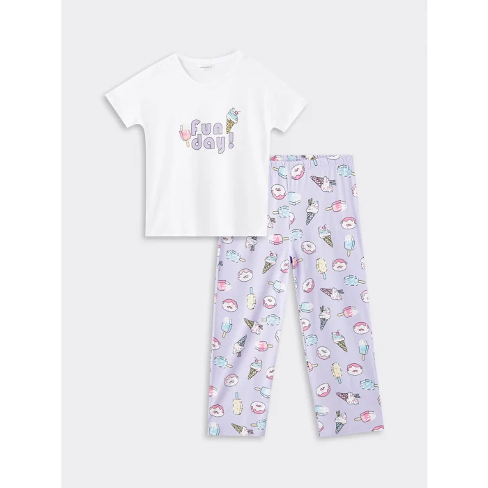LCW Young Lila Bisiklet Yaka Baskılı Kısa Kollu Kadın Pijama Takımı