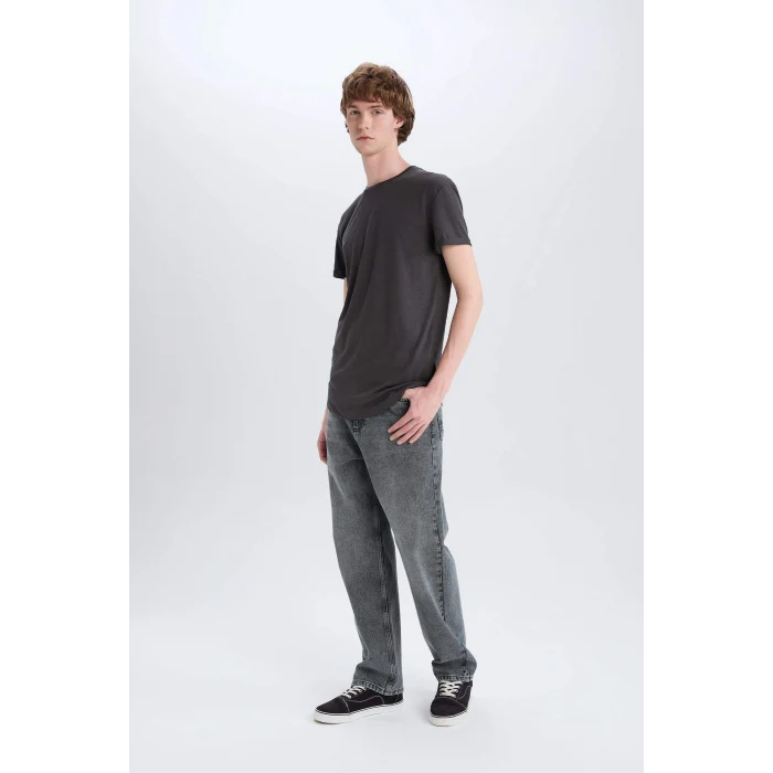 Defacto N2104 Antrasit Long Muscle Fit Bisiklet Yaka Basic Düz Kısa Kollu Tişört