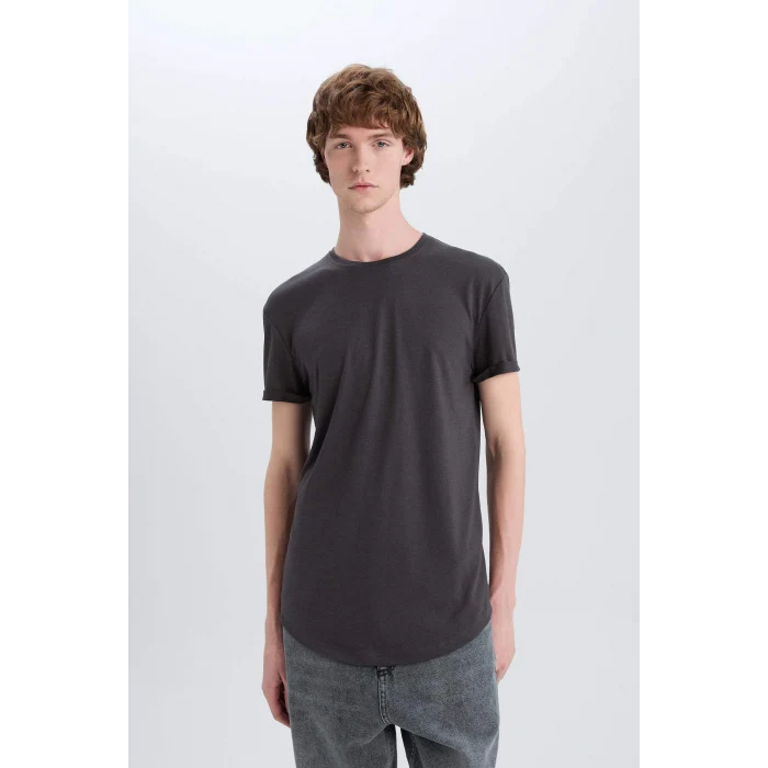 Defacto N2104 Antrasit Long Muscle Fit Bisiklet Yaka Basic Düz Kısa Kollu Tişört