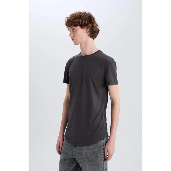 Defacto N2104 Antrasit Long Muscle Fit Bisiklet Yaka Basic Düz Kısa Kollu Tişört
