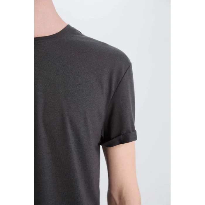 Defacto N2104 Antrasit Long Muscle Fit Bisiklet Yaka Basic Düz Kısa Kollu Tişört