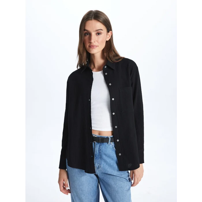 LCW Vision Siyah Düz Uzun Kollu Müslin Kadın Gömlek
