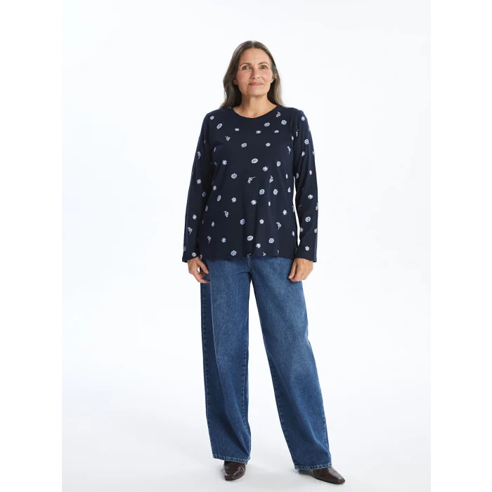 LCW Grace Lacivert Bisiklet Yaka Çiçekli Kadın Bluz