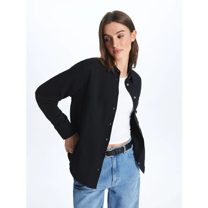 LCW Vision Siyah Düz Uzun Kollu Müslin Kadın Gömlek