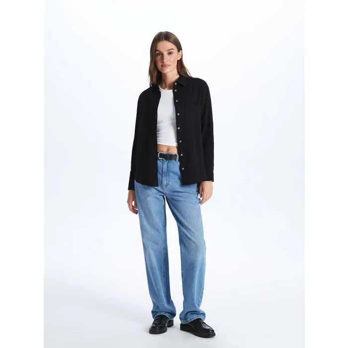 LCW Vision Siyah Düz Uzun Kollu Müslin Kadın Gömlek