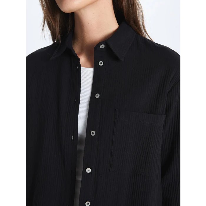 LCW Vision Siyah Düz Uzun Kollu Müslin Kadın Gömlek