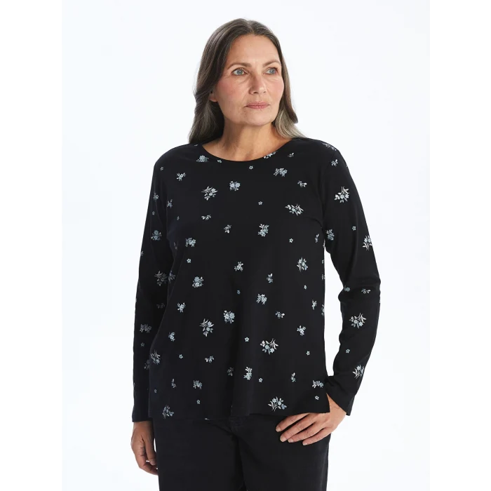 LCW Grace Siyah Bisiklet Yaka Çiçekli Kadın Bluz