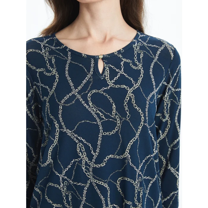 LCW Grace Lacivert Bisiklet Yaka Desenli Kadın Bluz