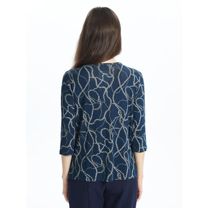 LCW Grace Lacivert Bisiklet Yaka Desenli Kadın Bluz