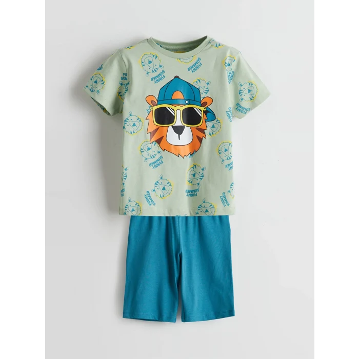 LCW Kids Yeşil Baskılı Penye Erkek Çocuk Şortlu Pijama Takım