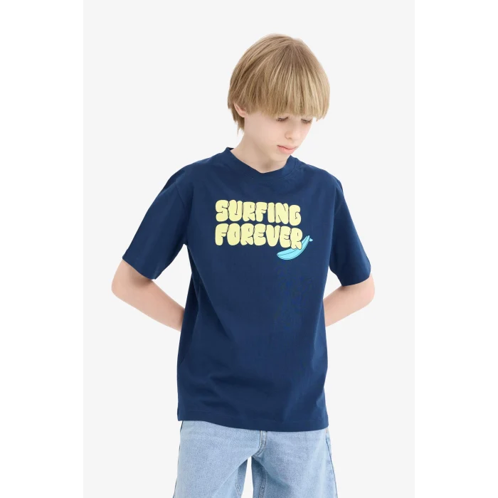 Defacto E0183 Lacivert Erkek Çocuk Bisiklet Yaka Baskılı Kısa Kollu Tişört