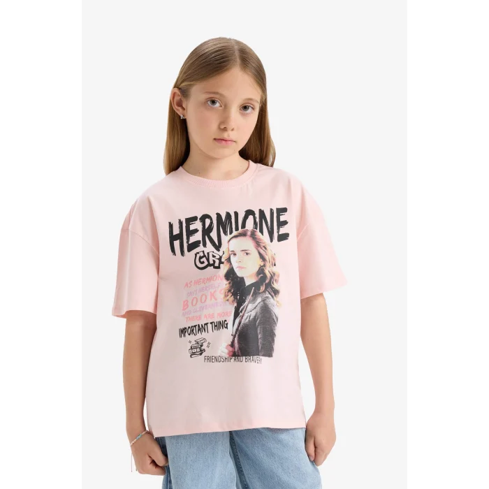 Defacto E4412 Pembe Kız Çocuk Harry Potter Oversize Geniş Kalıp Bisiklet Yaka Kısa Kollu Tişört