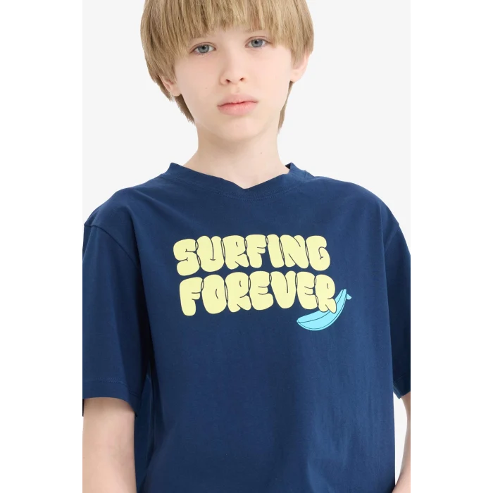 Defacto E0183 Lacivert Erkek Çocuk Bisiklet Yaka Baskılı Kısa Kollu Tişört