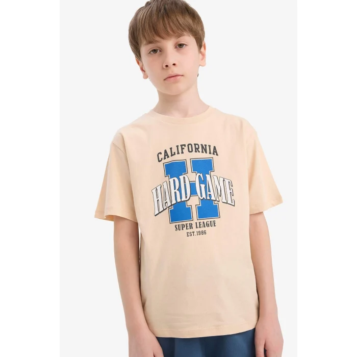 Defacto E6311 Bej Erkek Çocuk Bisiklet Yaka Baskılı Kısa Kollu Tişört