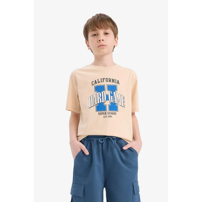 Defacto E6311 Bej Erkek Çocuk Bisiklet Yaka Baskılı Kısa Kollu Tişört