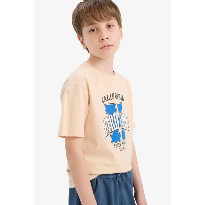 Defacto E6311 Bej Erkek Çocuk Bisiklet Yaka Baskılı Kısa Kollu Tişört