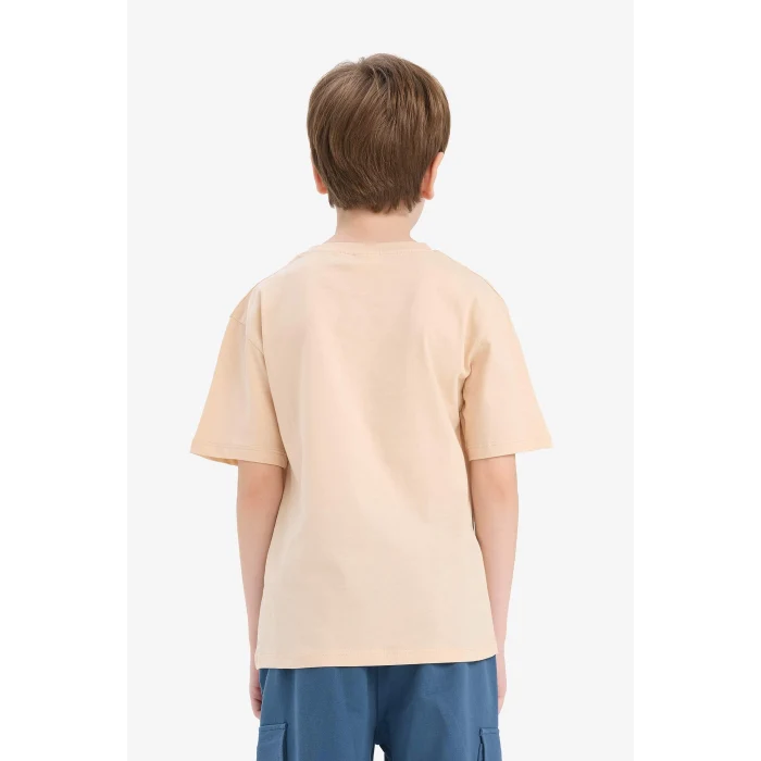 Defacto E6311 Bej Erkek Çocuk Bisiklet Yaka Baskılı Kısa Kollu Tişört