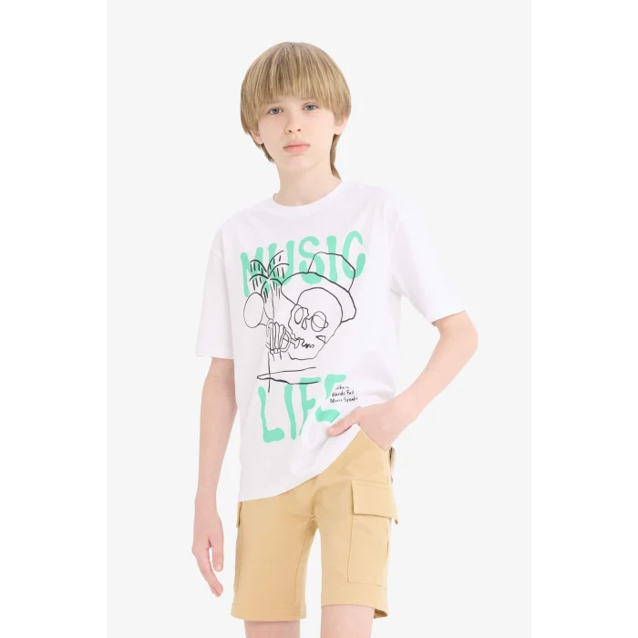 Defacto E0184 Beyaz Erkek Çocuk Bisiklet Yaka Baskılı Kısa Kollu Tişört