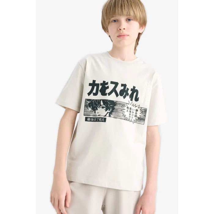 Defacto E0188 Gri Erkek Çocuk Bisiklet Yaka Baskılı Kısa Kollu Tişört