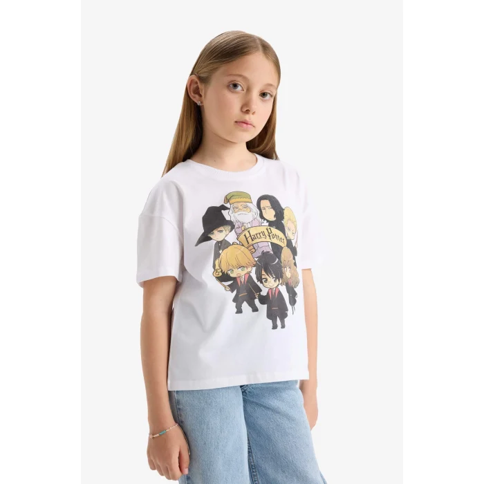 Defacto E4411 Beyaz Kız Çocuk Harry Potter Relax Fit Bisiklet Yaka Kısa Kollu Tişört