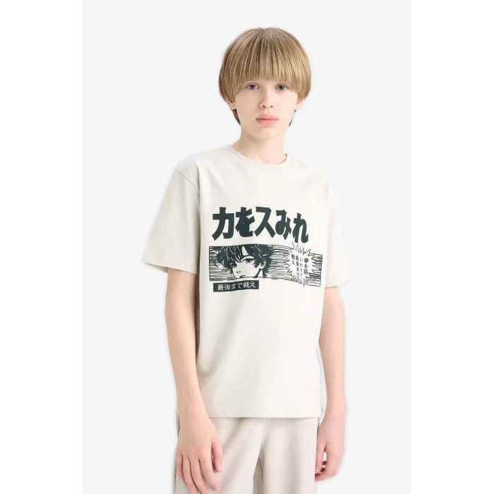 Defacto E0188 Gri Erkek Çocuk Bisiklet Yaka Baskılı Kısa Kollu Tişört