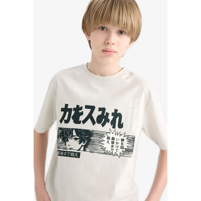 Defacto E0188 Gri Erkek Çocuk Bisiklet Yaka Baskılı Kısa Kollu Tişört