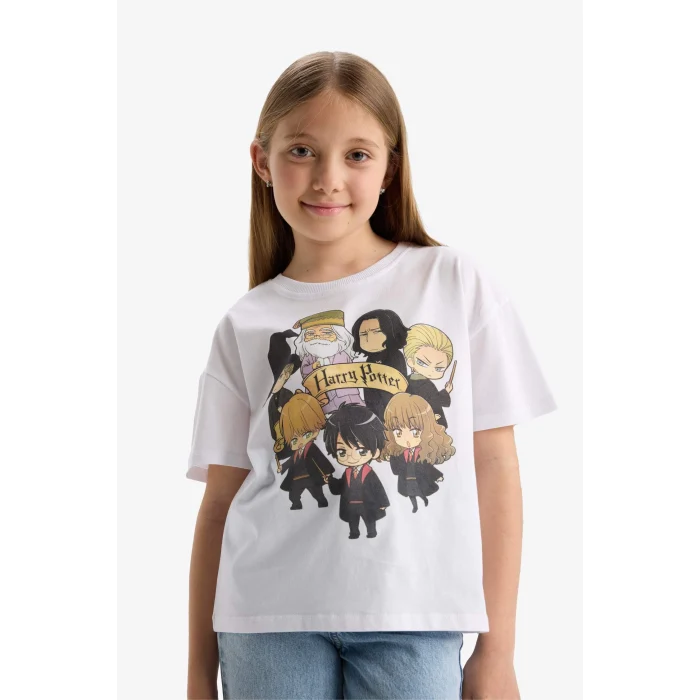 Defacto E4411 Beyaz Kız Çocuk Harry Potter Relax Fit Bisiklet Yaka Kısa Kollu Tişört