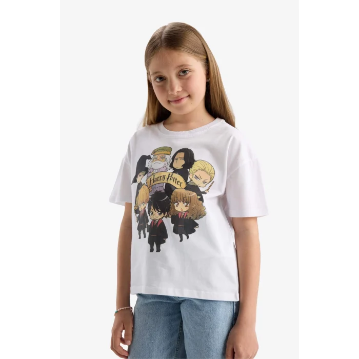 Defacto E4411 Beyaz Kız Çocuk Harry Potter Relax Fit Bisiklet Yaka Kısa Kollu Tişört