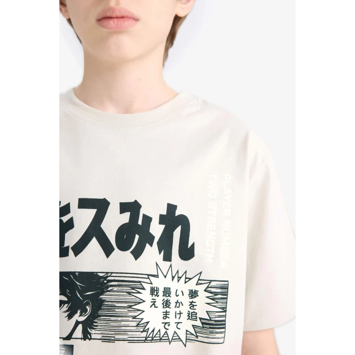 Defacto E0188 Gri Erkek Çocuk Bisiklet Yaka Baskılı Kısa Kollu Tişört