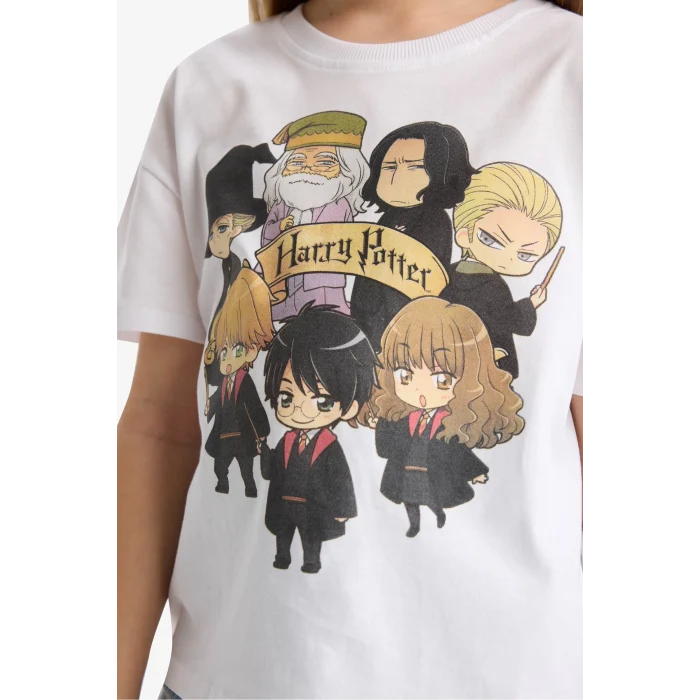 Defacto E4411 Beyaz Kız Çocuk Harry Potter Relax Fit Bisiklet Yaka Kısa Kollu Tişört