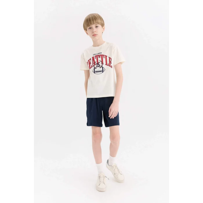 Defacto E4691 Ekru Erkek Çocuk 2li Takım Baskılı Kısa Kollu Tişört Esnek Belli Şort