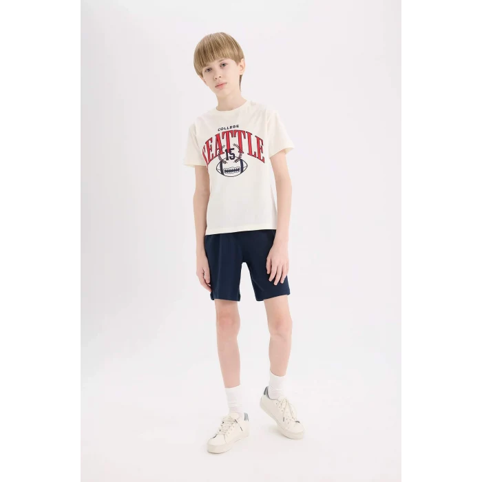 Defacto E4691 Ekru Erkek Çocuk 2li Takım Baskılı Kısa Kollu Tişört Esnek Belli Şort