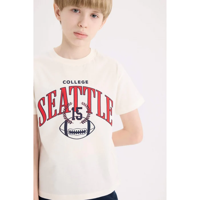 Defacto E4691 Ekru Erkek Çocuk 2li Takım Baskılı Kısa Kollu Tişört Esnek Belli Şort