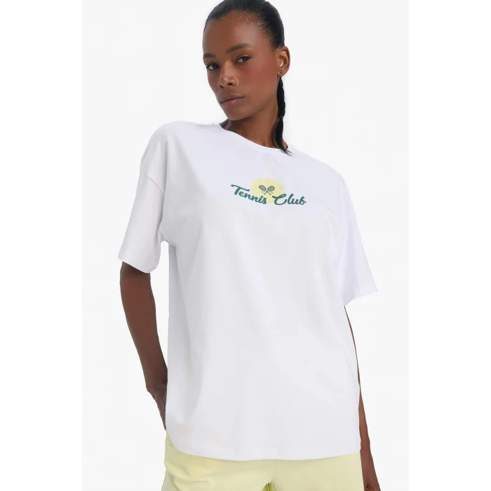 Defacto E3595 Beyaz DeFactoFit Oversize Geniş Kalıp Bisiklet Yaka Sırt Baskılı Sporcu Kısa Kollu Tişört