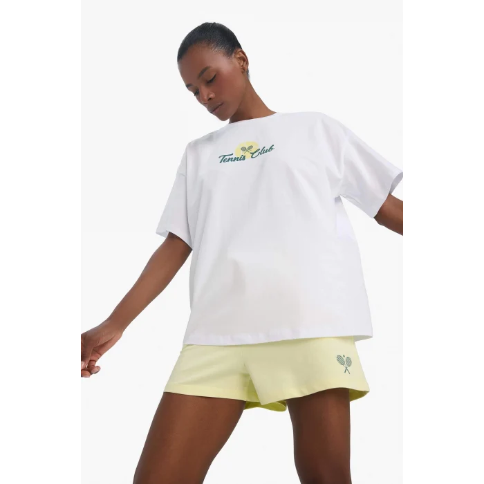 Defacto E3595 Beyaz DeFactoFit Oversize Geniş Kalıp Bisiklet Yaka Sırt Baskılı Sporcu Kısa Kollu Tişört