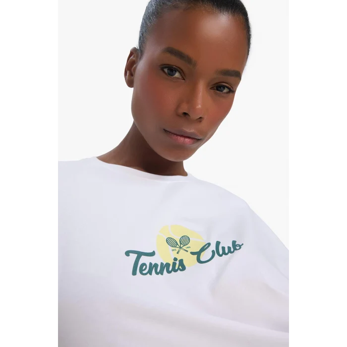 Defacto E3595 Beyaz DeFactoFit Oversize Geniş Kalıp Bisiklet Yaka Sırt Baskılı Sporcu Kısa Kollu Tişört