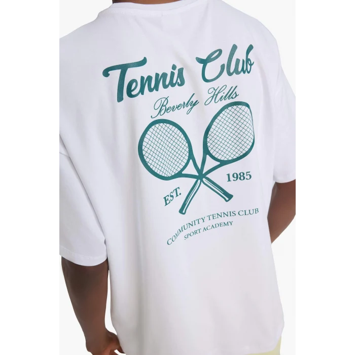 Defacto E3595 Beyaz DeFactoFit Oversize Geniş Kalıp Bisiklet Yaka Sırt Baskılı Sporcu Kısa Kollu Tişört