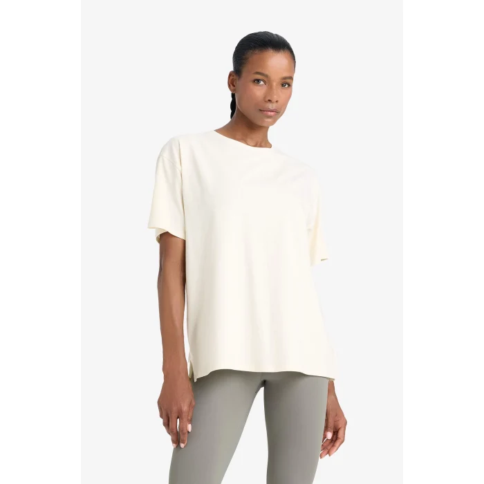 Defacto E3494 Bej DeFactoFit Comfort Fit Bisiklet Yaka Sporcu Kısa Kollu Tişört