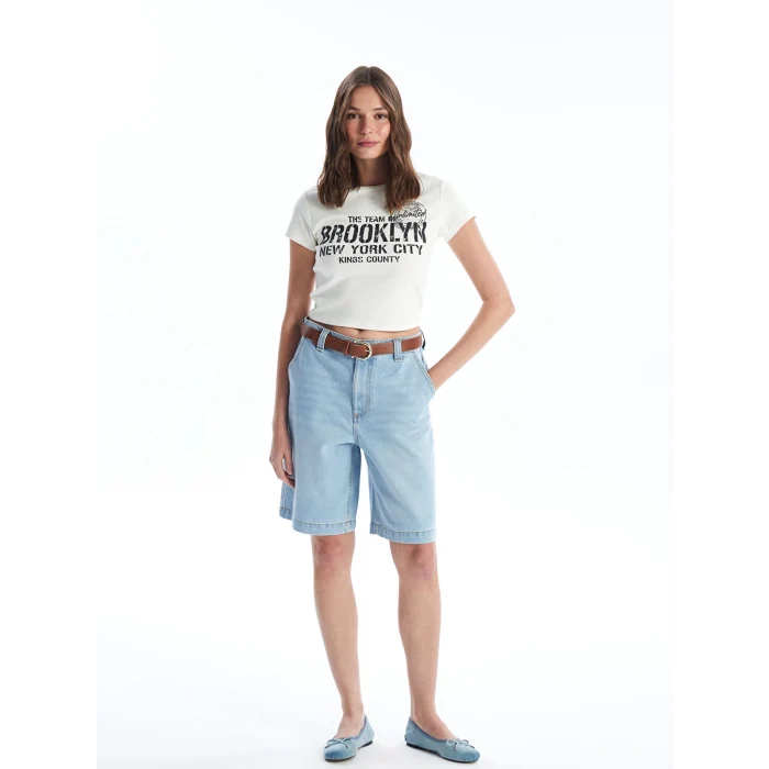 LCW Jeans Indigo Beli Kemerli Bermuda Fit Kadın Jean Şort