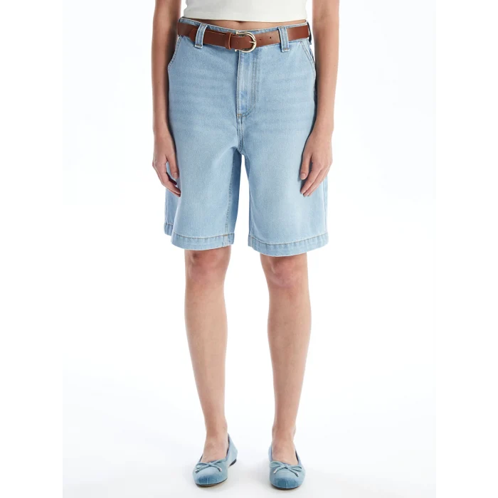 LCW Jeans Indigo Beli Kemerli Bermuda Fit Kadın Jean Şort